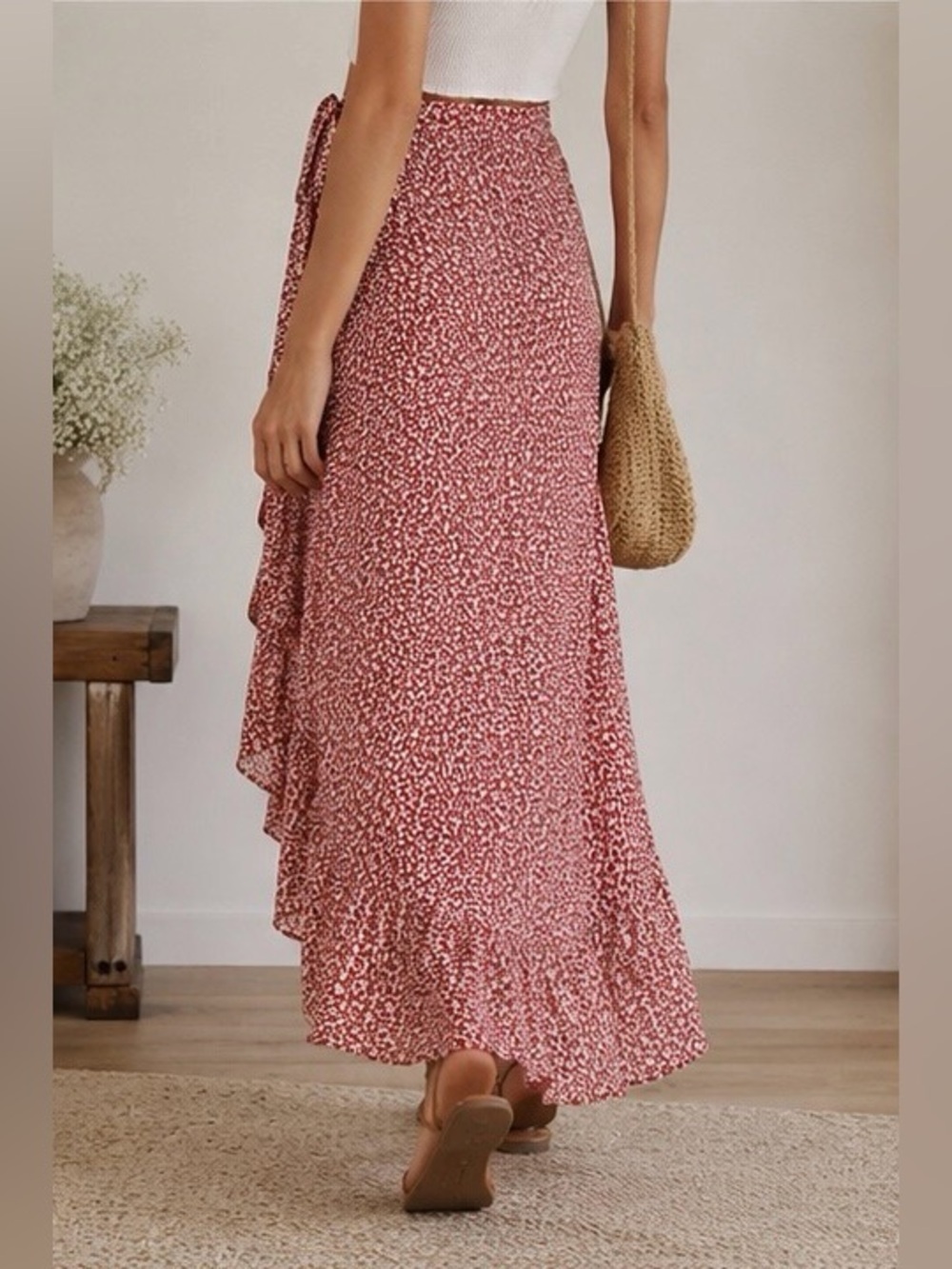 Max Studio Ditsy Floral RedWrap Midi Skirt Romantic Boho Size S - Picture 3 of 11